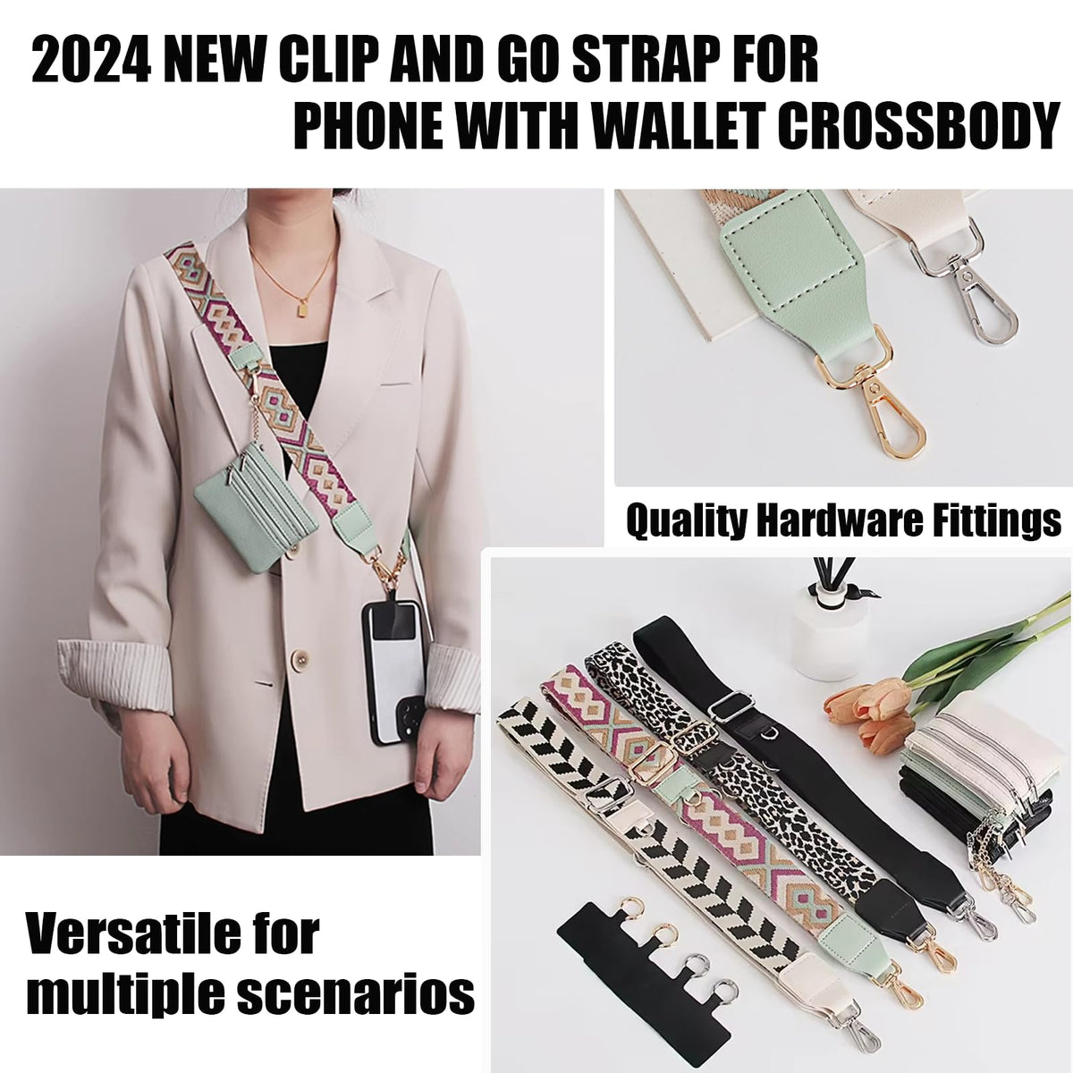 DANONI Clip and Go Strap for Phone with Wallebt Crossody,Phone Strap with Zippered Pouch,Adjustable Phone Strap Crossbody (Beige 1pc)