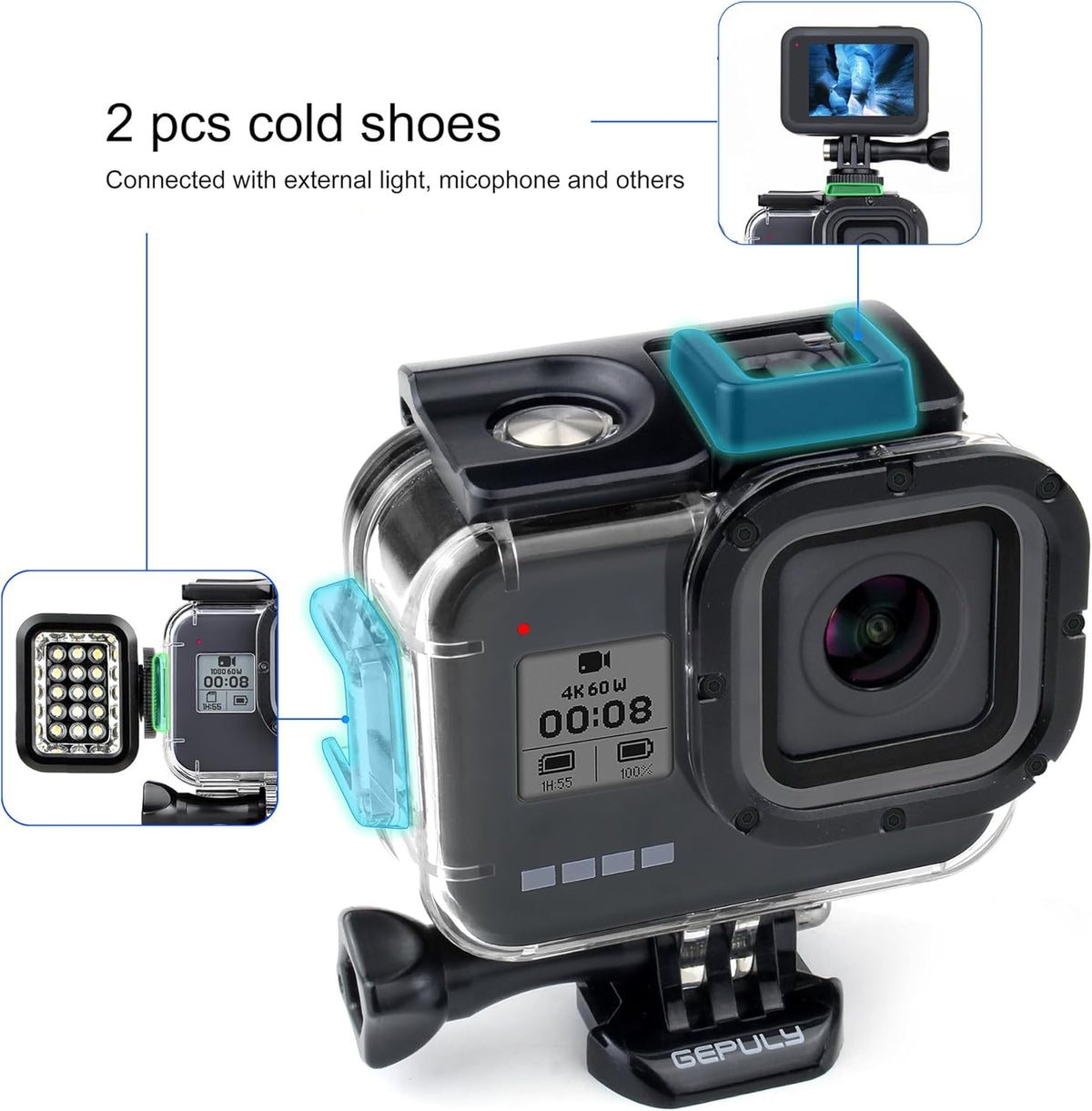 60M/196FT Waterproof Housing Case for GoPro Hero 8 Black, Dual Cold Shoe Slots Protective Underwater Diving Housing Shell for GoPro Hero 8 Black Action Camera