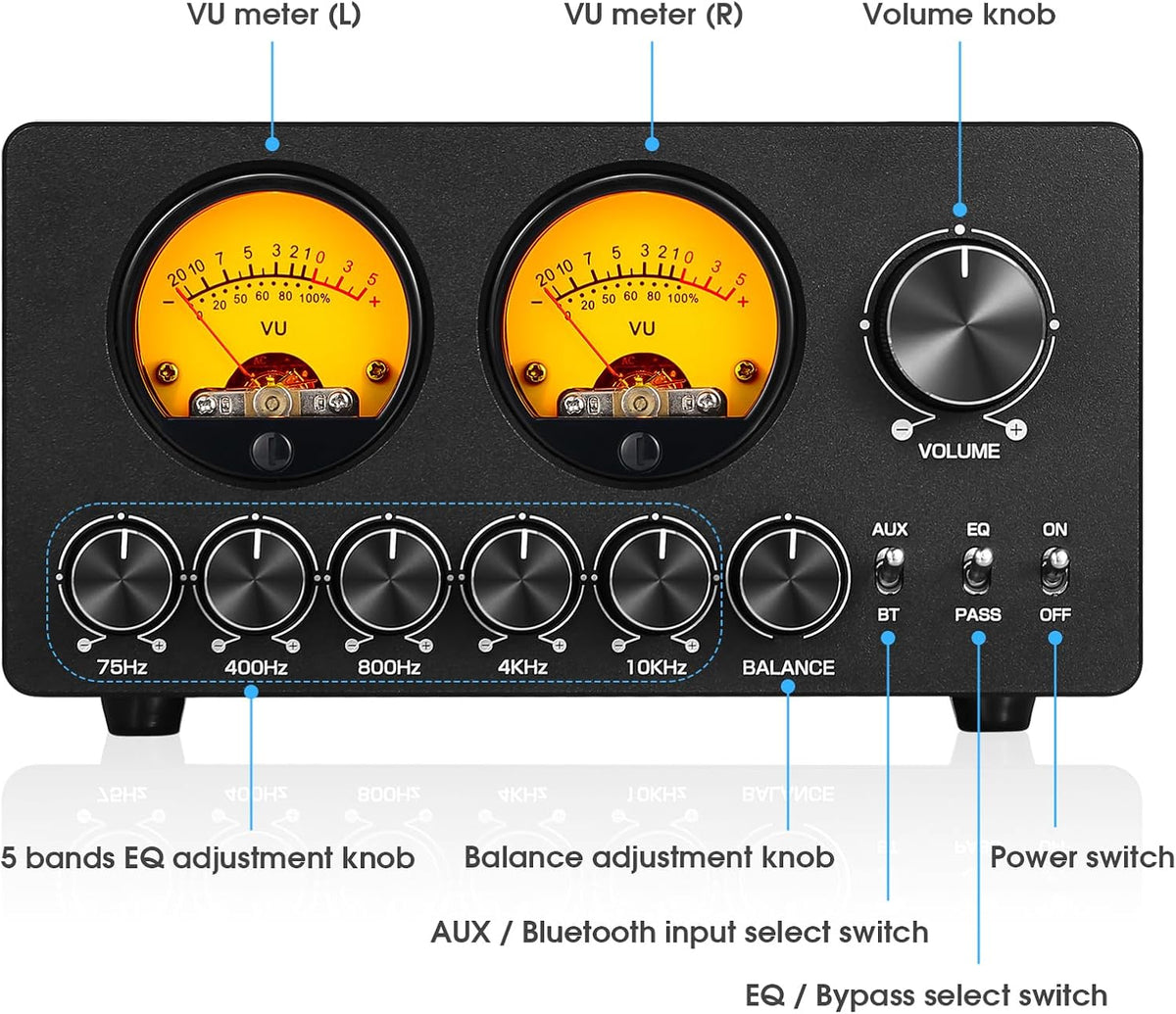 Douk Audio 5 Band Equalizer Bluetooth EQ Preamp for Home Stereo/Computer Speaker/Amplifier with VU Meter (EQ5 Tone Upgraded Version)