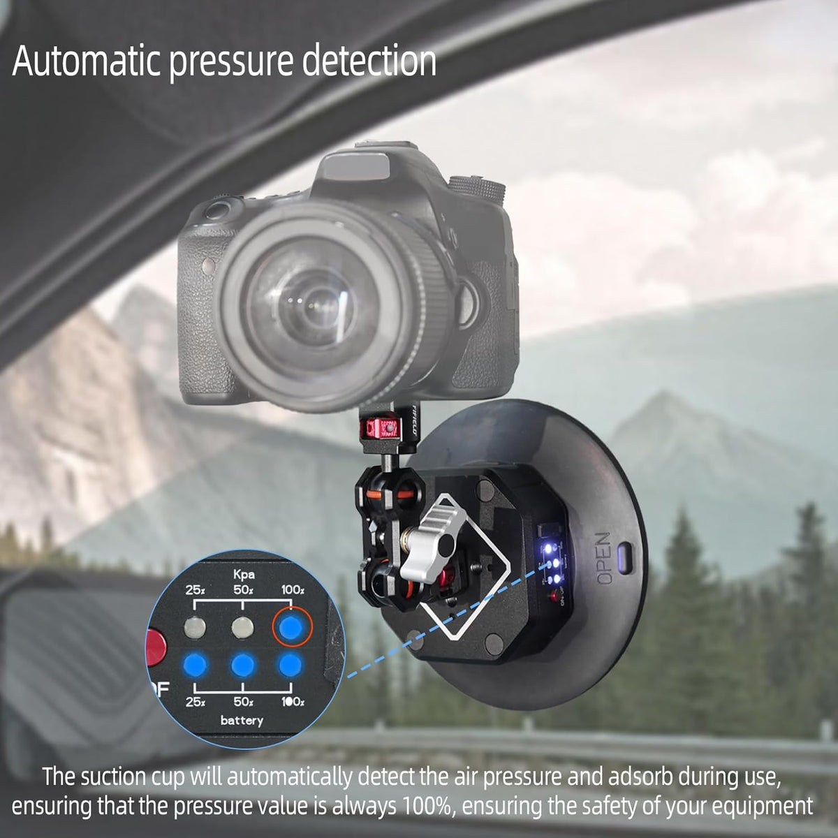FIFIELD 6in Electric Auto Pump Suction Cup Camera Mount with Aluminum Ball Head Magic Arm, Automatic Air Pump Vacuum Cup, Quick Release Car Mount Compatible with DJI OSMO Pocket 3 Insta360 iPhone