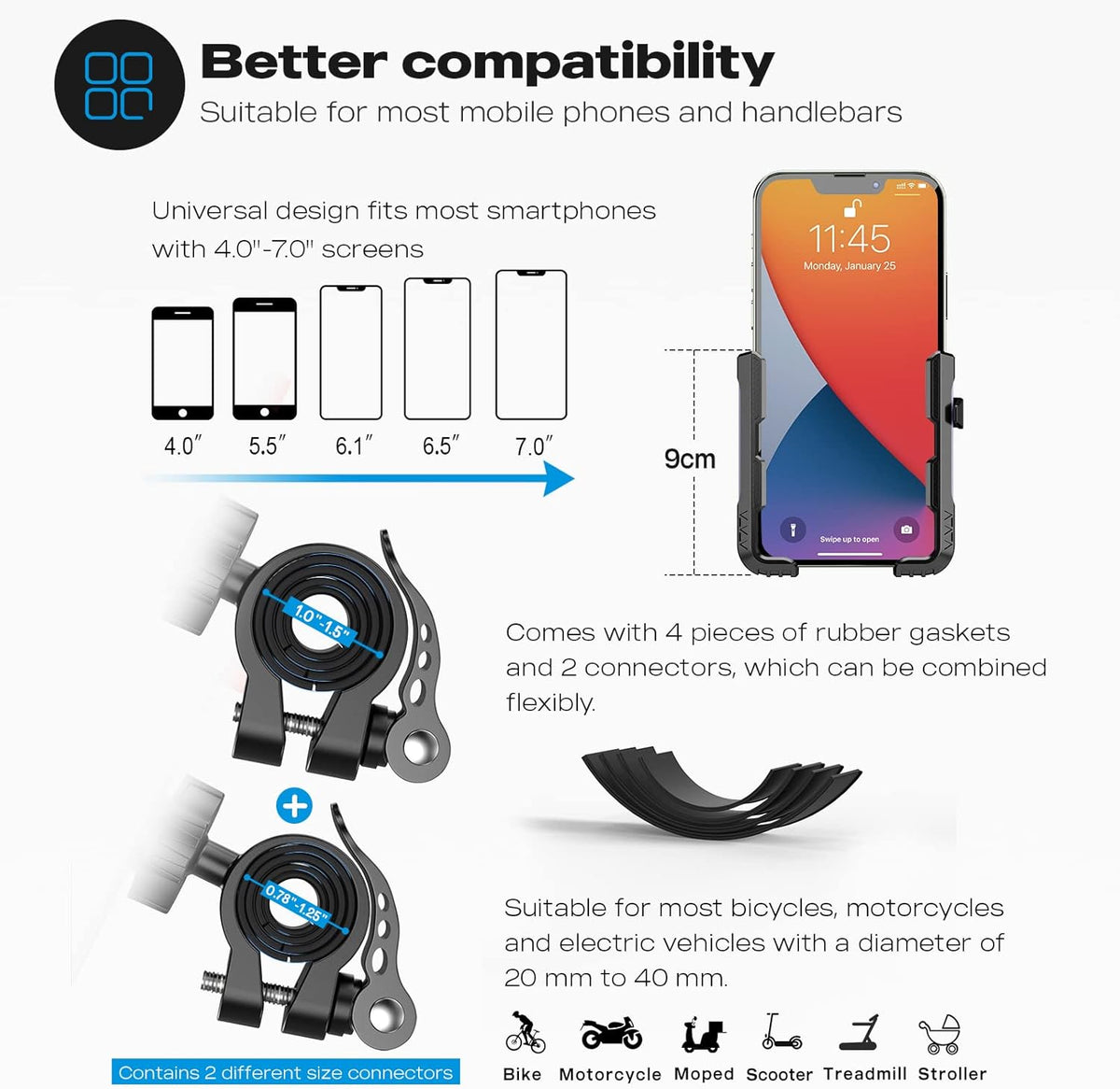 New Upgraded Bike Phone Mount Holder Two Connectors Quickly Lock and Release,360°Rotatable Bicycle Motorcycle Scooter Accessories Handlebar Phone Clip Suitable for 4.0"-7.0" Smartphone (Purple)