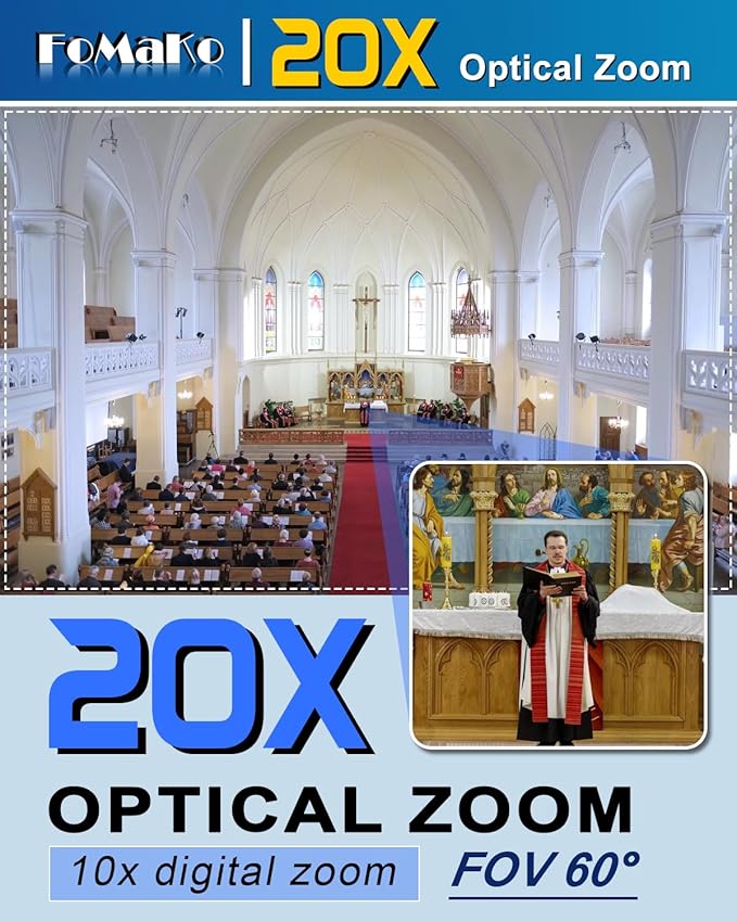 FoMaKo HDMI PTZ Camera AI Auto-Tracking Gen 3 20x Optical Zoom IP USB3.0 HDMI Camera for Church Services Worship EducationFMK12UH Pro(20x)-BBlack Color
