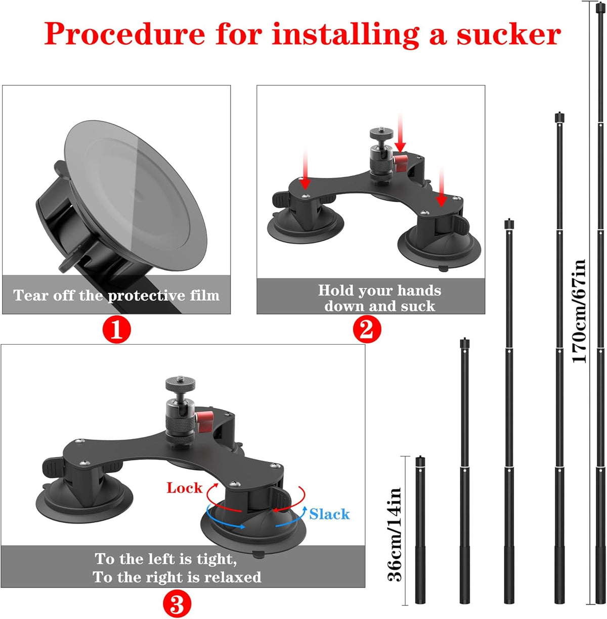Taisioner Suction Car Mount for Camera Insta360 X5/X4/X3/X2/GO 3/ONE/RS Compatible with Gopro Max 360 Outside Car Mount with 67” Invisible Selfie Stick 5 in 1 Suction Camera kit for Action Camera