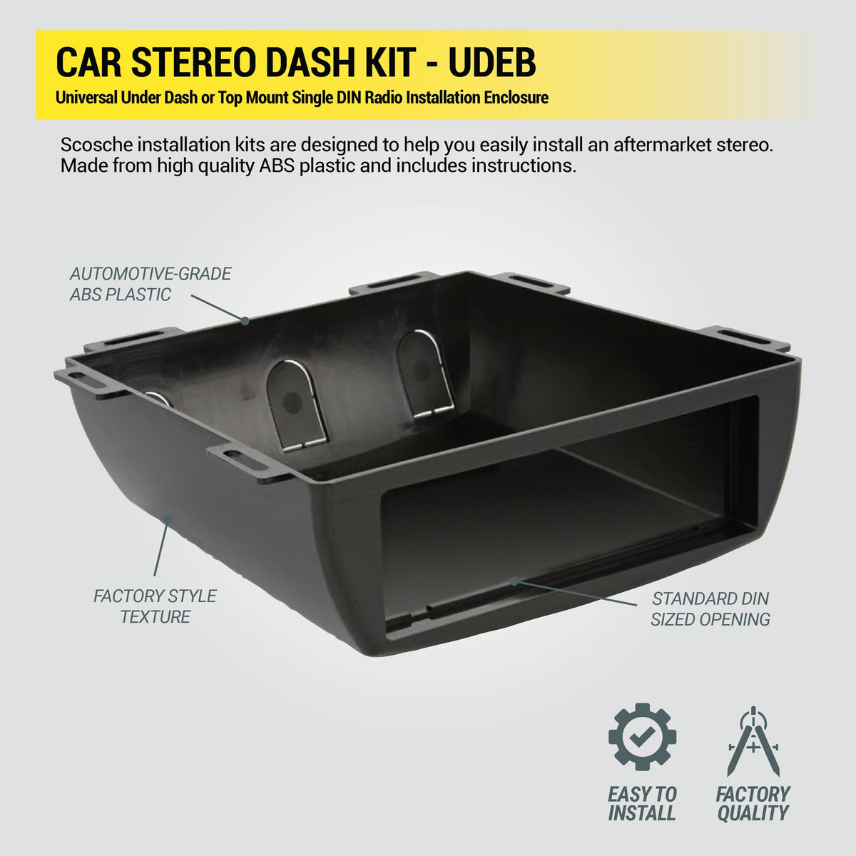 Scosche UDEB Universal Under Dash or Top Mount Single DIN Radio Installation Enclosure - Aftermarket Car Stereo Install Kit - Does Not Fit Double DIN