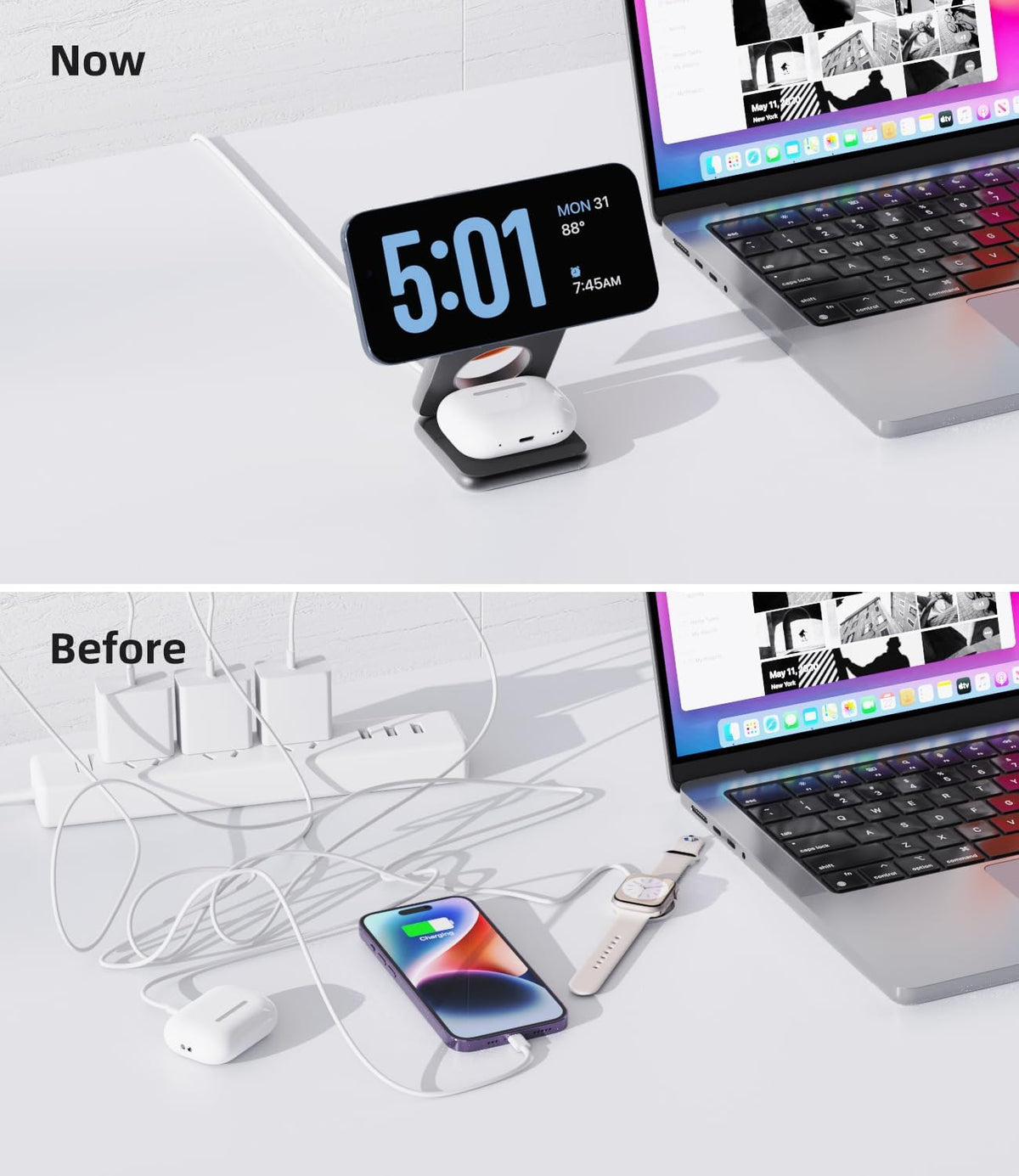 Foldable Magnetic Wireless Charger, KU XIU X40 Aluminum Alloy 3 in 1 Charging Station for Apple, Fast Magnetic Charger Stand for iPhone 16 15 14 13 12 Series, 5W for iWatch, AirPods 3/2/Pro, Gray