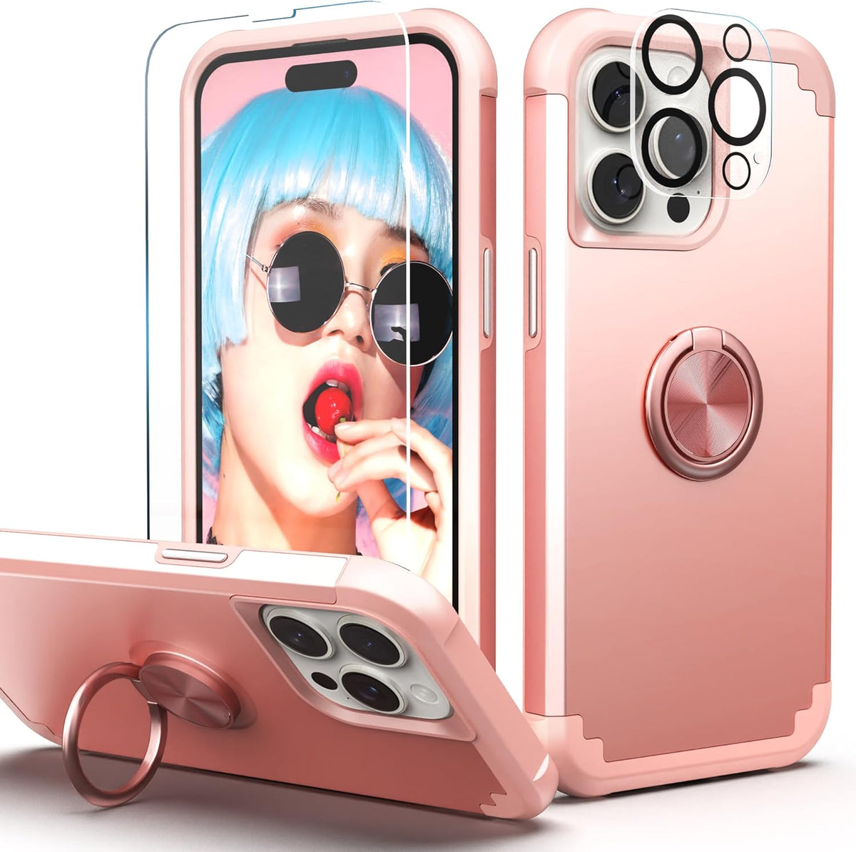IDweel iPhone 14 Pro Max Case - Rose Gold, 2-in-1 Shockproof, Screen Protector, 360° Ring Holder, Camera Lens Protector.