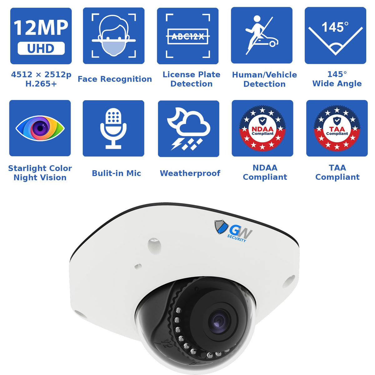 GW Security 64 Channel 12MP 4K @30FPS Face Recognition Human/Car Smart AI Detection PoE Security Camera System with 32 x 12MP (4512x2512P) IP Color