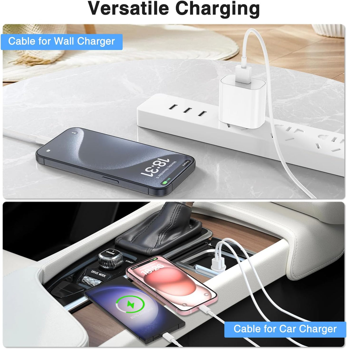 2Pack Car Carplay Cable for iPhone 15 15 Pro Max 15 Plus USB to USB C 6.6FT Charger Adapter Accessories for iPad 10th