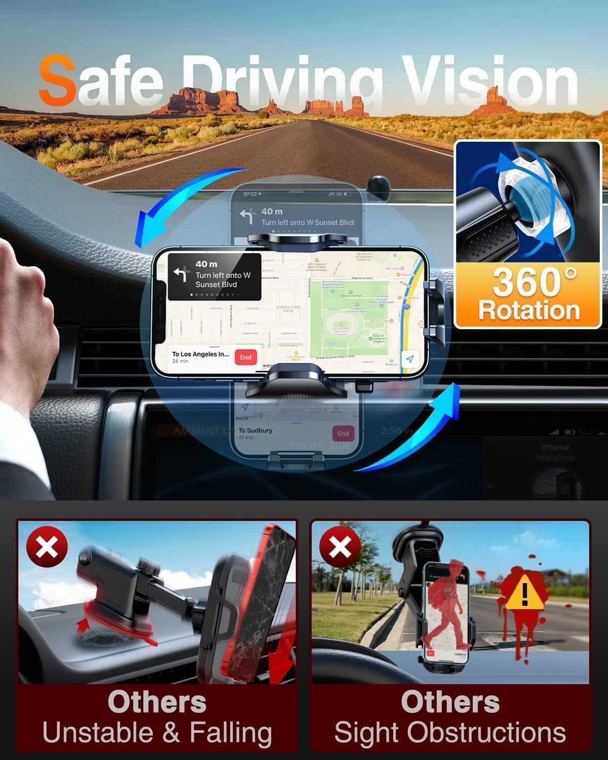 VANMASS Car Phone Holder Mount 2025 Upgraded [Patent Steel-Hook] Car Vent Phone Mount Clip Military-Grade Shockproof Cell Phone Car Mount Handsfree Truck Stand Vent Cradle for iPhone Android,Silvery