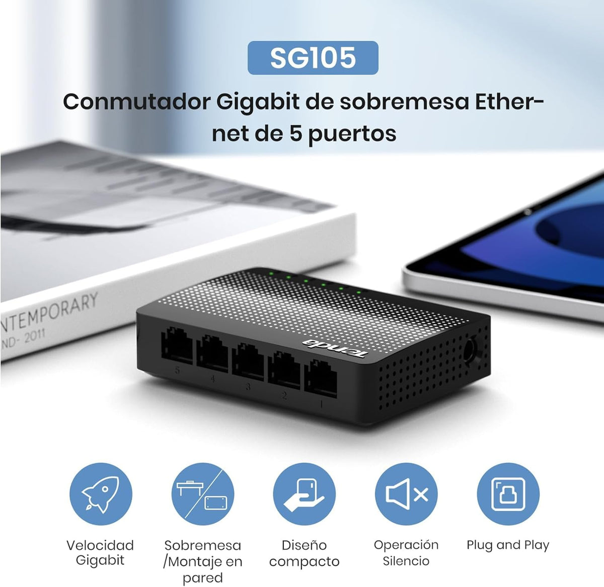 Tenda SG105, 5 Port Gigabit Switch, Unmanaged Home Ethernet Switch, Office Ethernet Splitter, Plug & Play, Plastic Case, Desktop/ Wall-Mount, Fanless Quiet, Limited Lifetime Protection