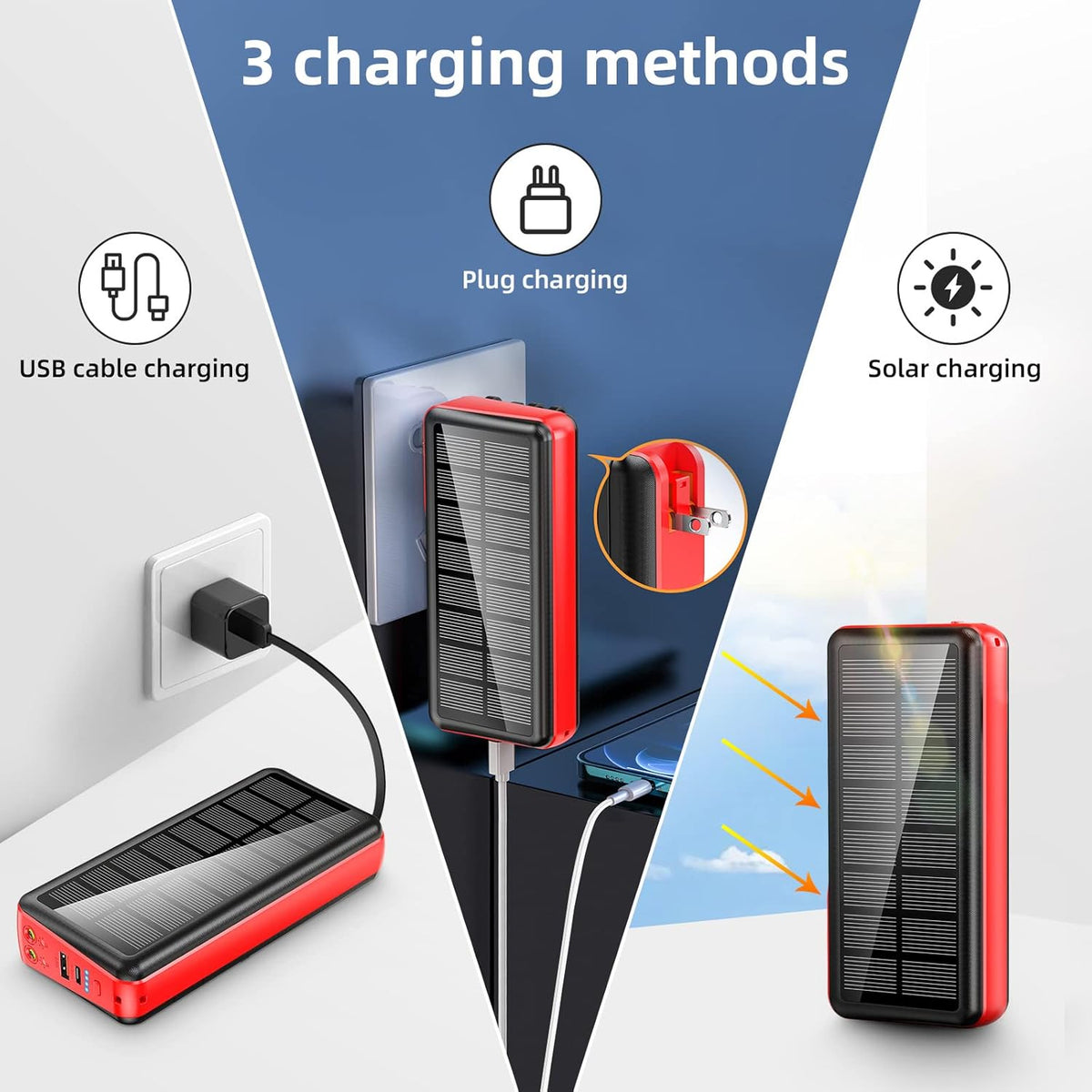 Portable Charger with Built in Cable and Wall Plug 50000mAh 22.5W Fast Charging Solar Power Bank with 5 Output & 2 Input Dual LED Flashlights Phone Holder External Battery Pack (Red)