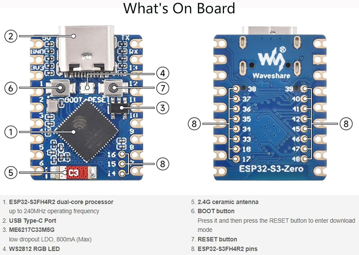ESP32-S3 Mini Development Board - Dual-Core Processor, 240MHz, 2.4GHz Wi-Fi & Bluetooth 5, 4MB Flash Memory