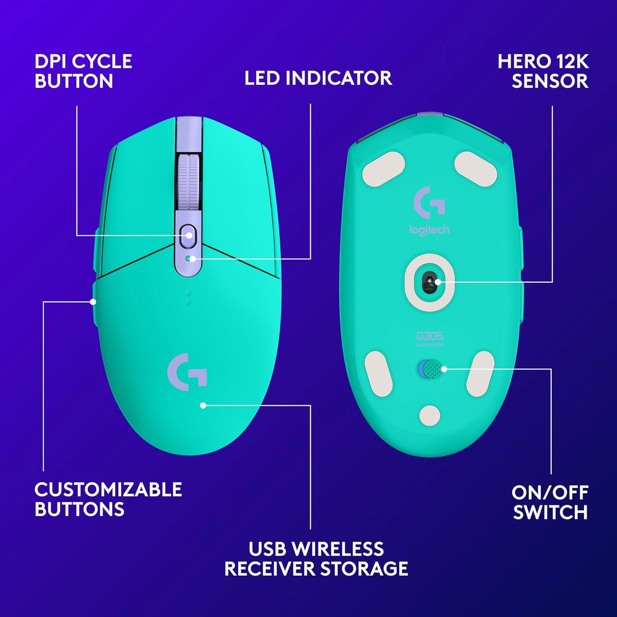 Logitech G305 LIGHTSPEED Wireless Gaming Mouse, Hero 12K Sensor, 12,000 DPI, Lightweight, 6 Programmable Buttons, 250h Battery Life, On-Board Memory, PC/Mac - Mint