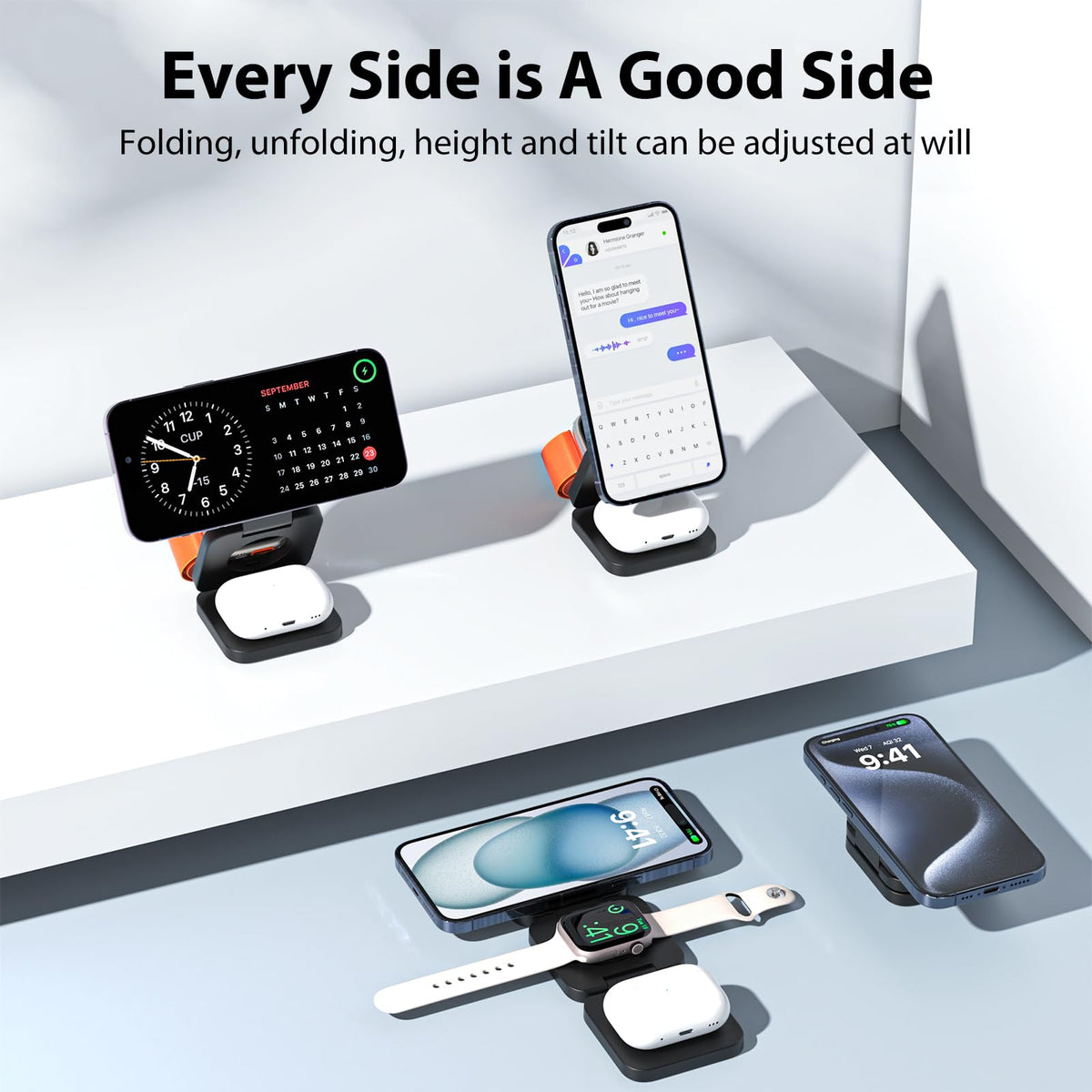 KU XIU X55 Foldable 3 in 1 Charging Station for Apple Devices, 15W Fast Magnetic Wireless Charger, Magent Travel Charger Stand for iPhone 16 15 14 13
