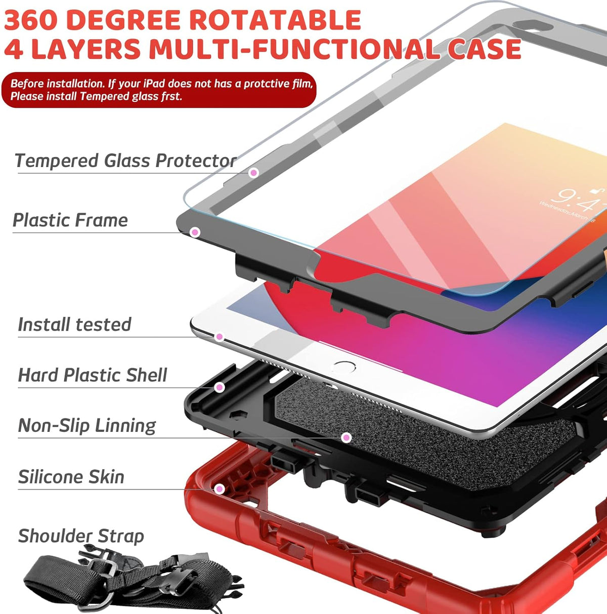 BLOSOMEET Case for iPad 9th Generation 8th Generation 2021 2020 10.2 Inch with Tempered Glass Screen Protector & Pencil Holder, Kids iPad 10.2 7th Gen Cover 2019 w/Stand Hand Shoulder Strap,Red
