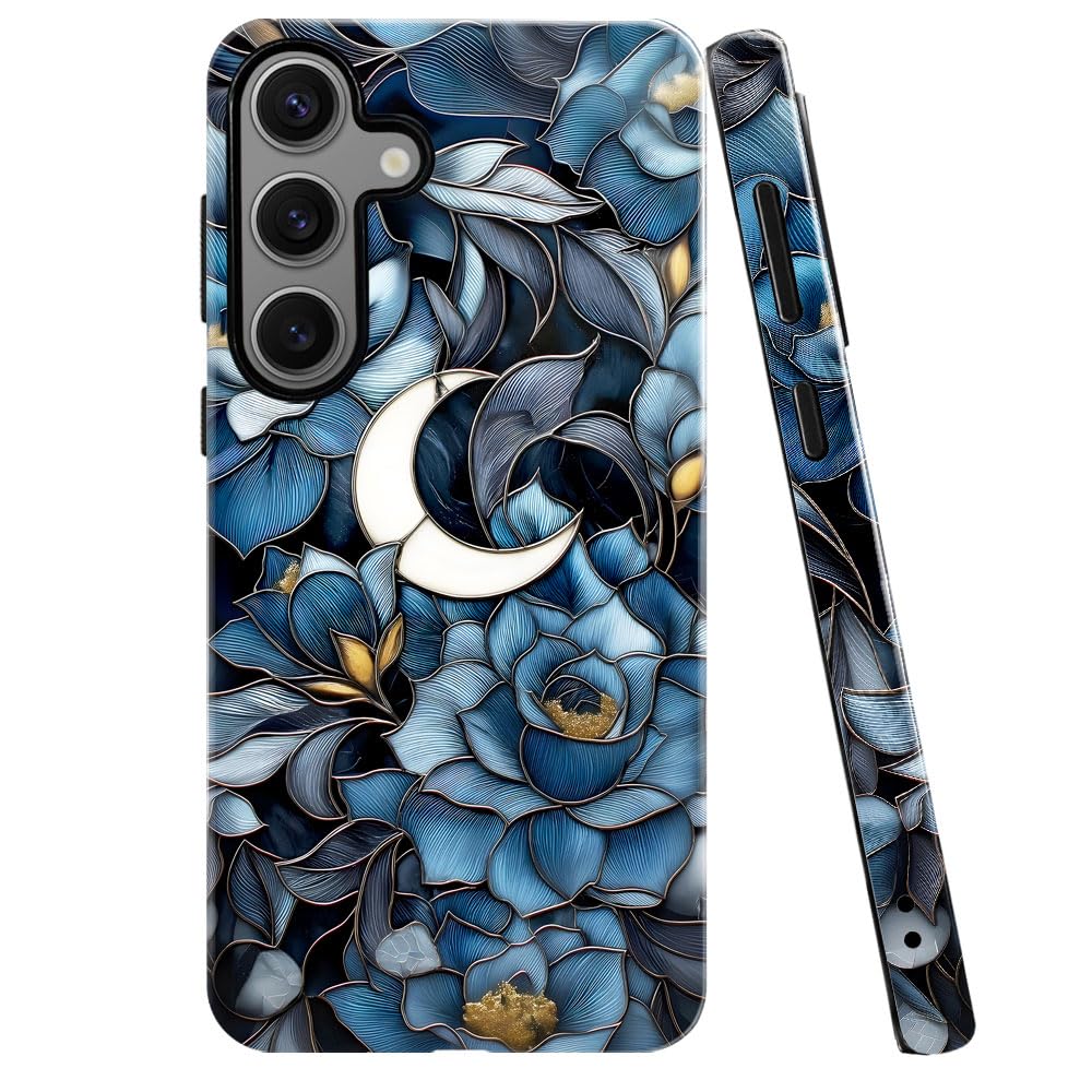 Case For Samsung Galaxy S23 Fe,Stained Glass Floral And Moon Phone Case Military-Grade Drop Protection Cover For Women Girl - Gl