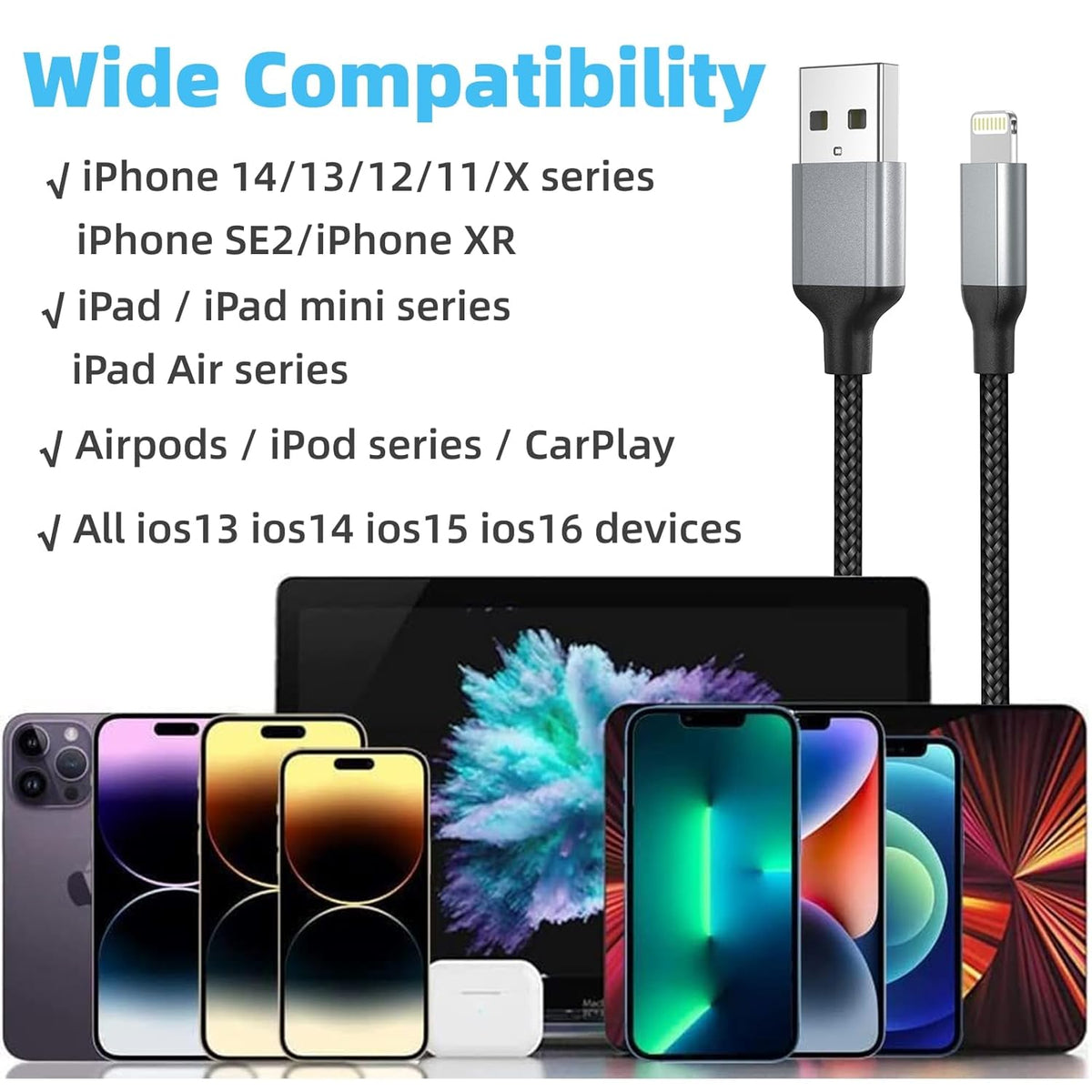 2FT iPhone Charging Cable, 3-Pack [MFi Certified] USB to Lightning Cable 2ft for Car Fast Charging Braided Short iPhone