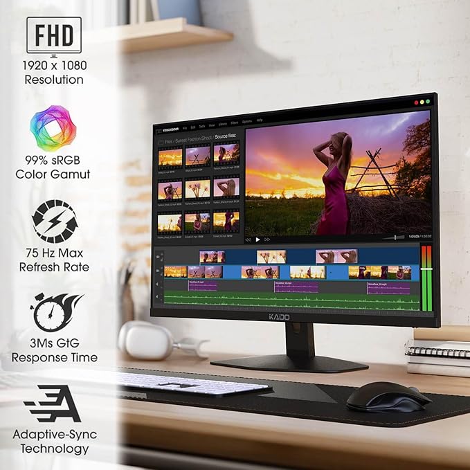 Kado Triple Monitor Setup - 3-Pack 27 1920x1080 Computer Monitor 75Hz VESA Mount HDMI Office Gaming Hybrid Sim Racing Built-in Speakers (E27X Trio Series)