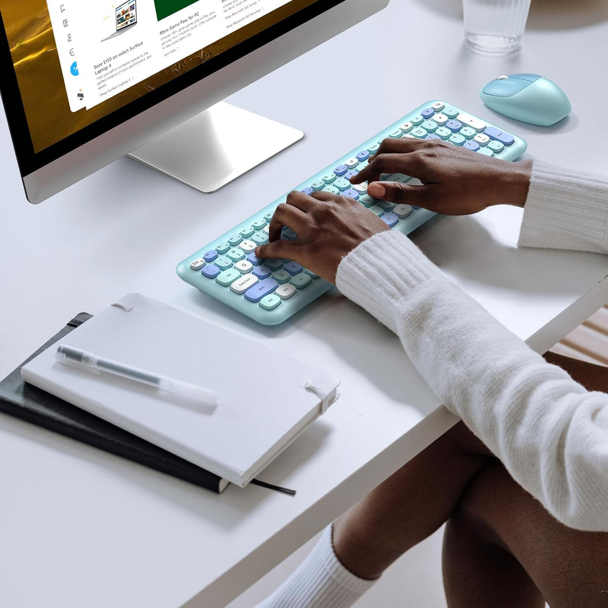 KNOWSQT Wireless Keyboard and Mouse Combo, Pale Blue Full-Sized 2.4G Silent Keycap Colorful Keyboards, USB Dongle Plug Play, for Laptop, Windows, PC, Computer, Desktop