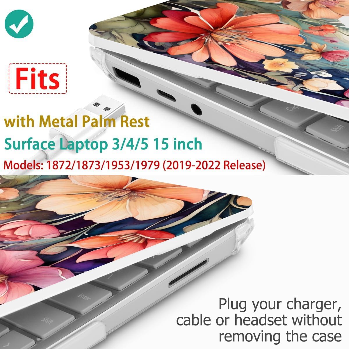 Tuiklol Case for 15 Inch Microsoft Surface Laptop 5/4/3 2022-2020, Model 1979/1953/1872/1873 Hard Shell Cover, Keyboard Cover+Screen Protector+Dust Plugs,Ilustration Flowers
