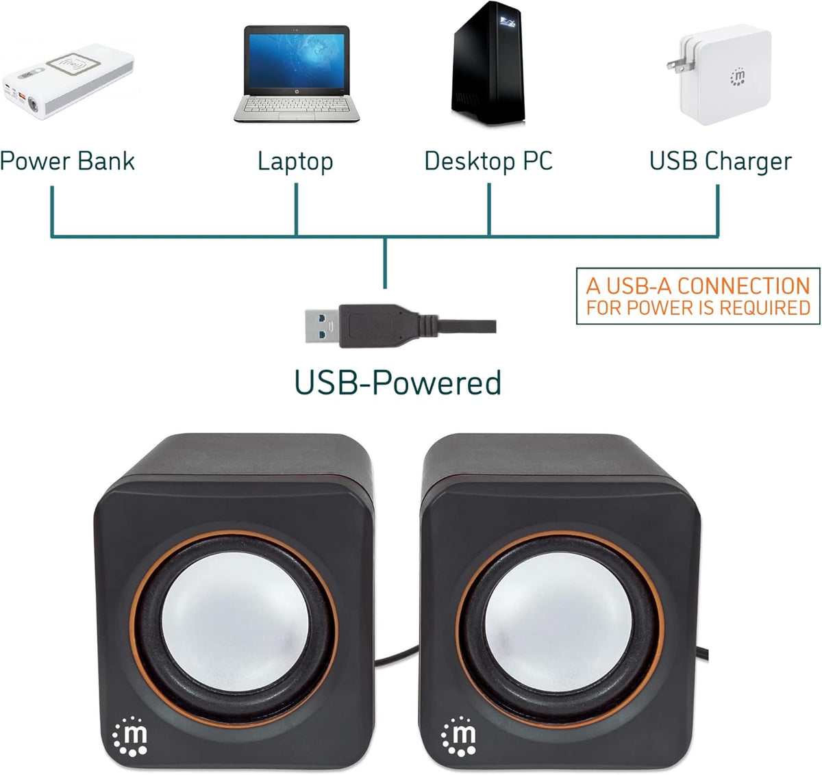 Manhattan USB Powered Stereo Speaker System, Small Size with Volume Control & 3.5 mm Aux Plug, Black Orange