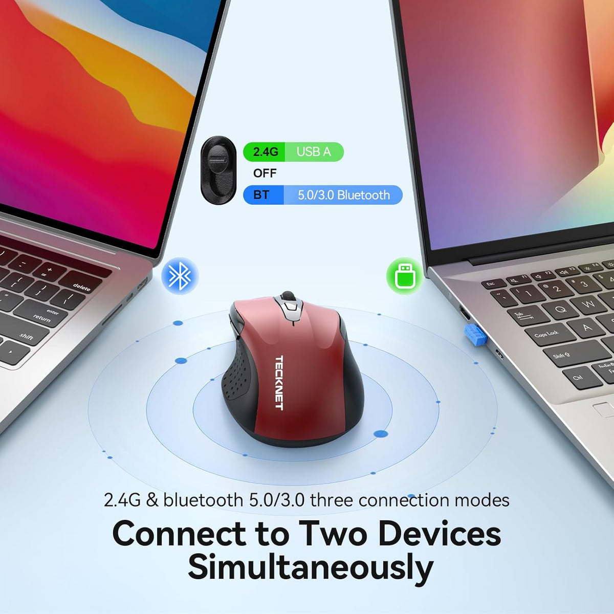 TECKNET Rechargeable Jiggler Wireless Mouse (BT5.0/3.0 & 2.4G) 4800 DPI Silent USB A & Bluetooth Mouse 6 Buttons, Wide Compatibility - Red