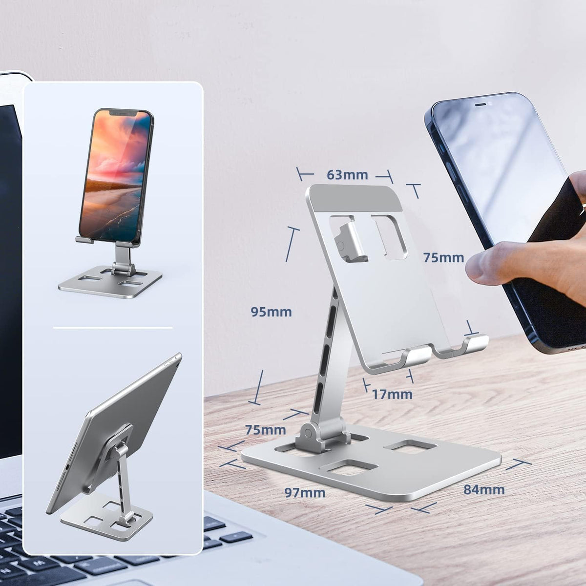 ROQRL Cell Phone Stand, 360 Angle Adjustable Cell Phone Holder, Foldable Cell Phone Stand for Desk, Equipped with A Storage Bag