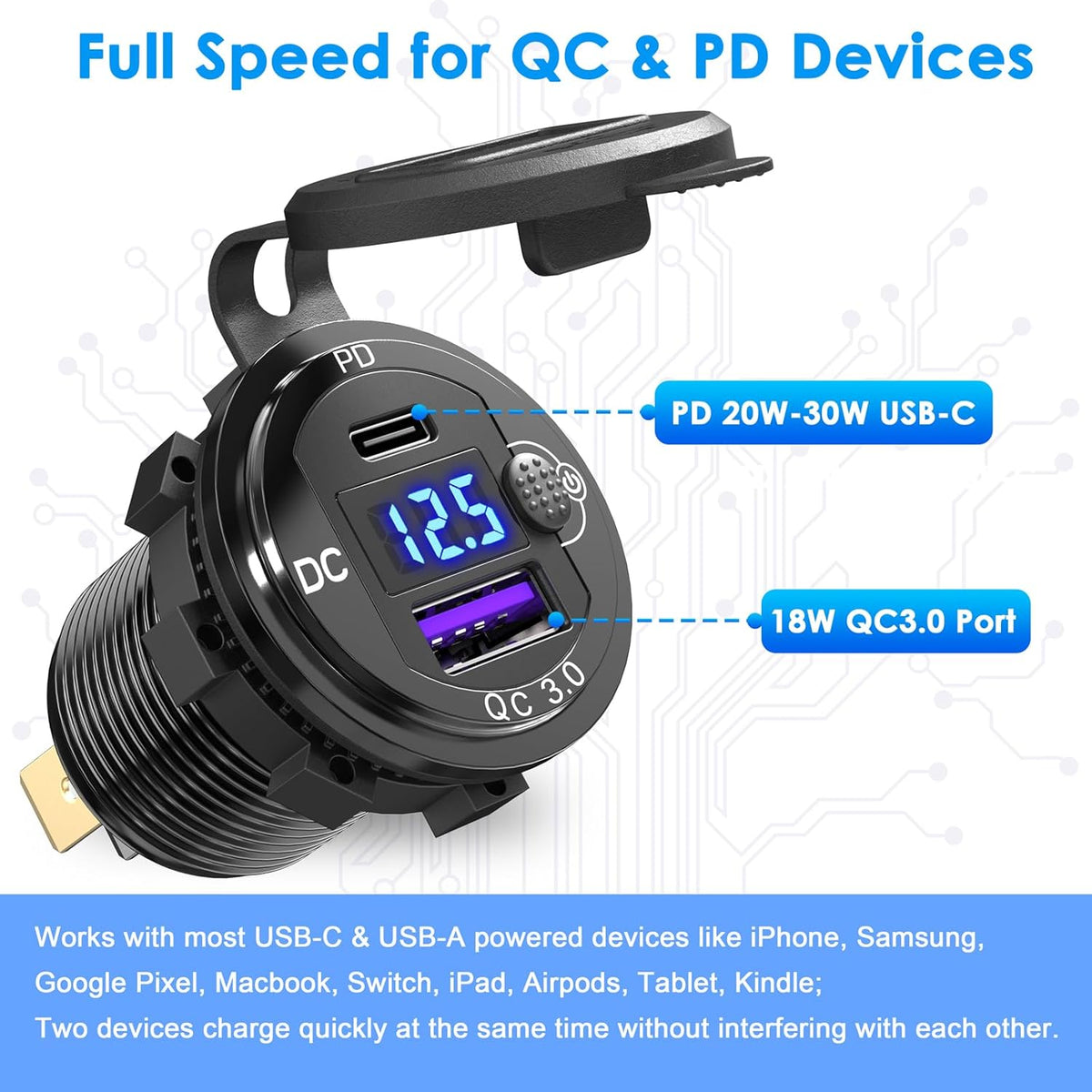[Upgraded Version] 12V USB Outlet 2 Pack, OUFFUN PD 20W USB-C and 18W QC3.0 Charger Socket with Power Switch for Car