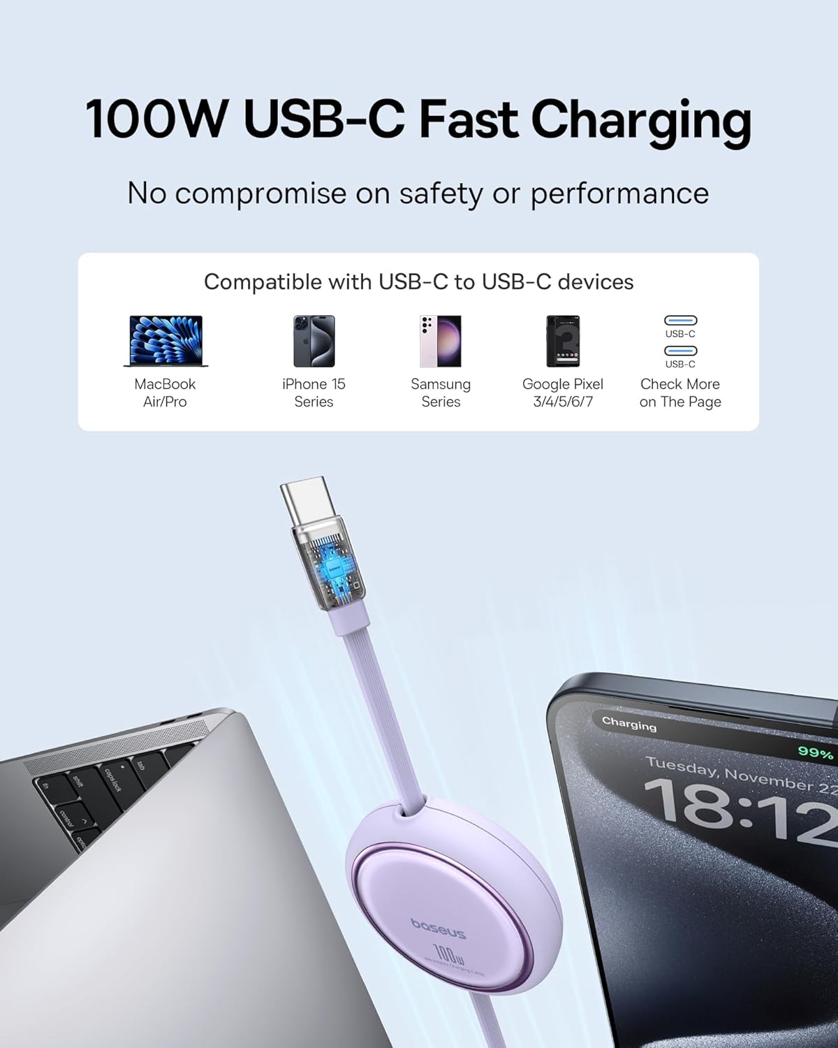 Baseus USB C to USB C Cable, 100W Retractable USB C 5A Fast Charging Cable, 4-Stage Length Preset USB Type C Charger Cord for iPhone 16 15 Pro Plus Pro Max, MacBook, iPad, Samsung S24/S23+ (3.3ft)