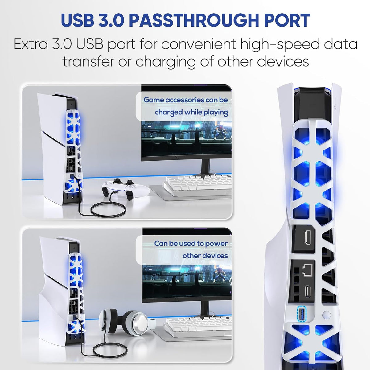PS5 Slim Cooling Fan with Adjustable Speed - 3 Mode Speeds, Low Noise, Auto Power On/Off, with USB 3.0 Port, LED Light, Efficient Cooling System for PS5 Disc and Digital