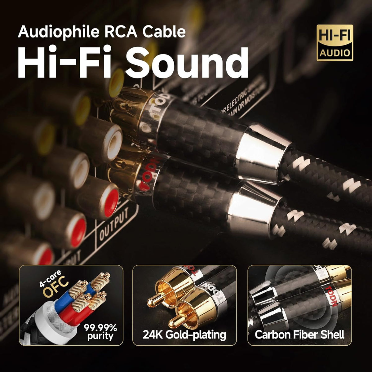 TODN HiFi RCA Audio Cables for Audiophile Shielded RCA Male to Male Cable for Subwoofers, Amp, Home Stereo (4.9ft/1.5m, 1 Pair)