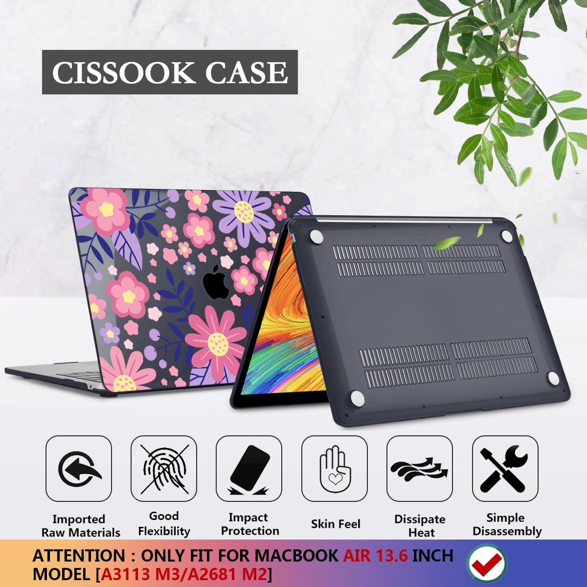 CISSOOK for MacBook Air 13 inch M4 M3 M2 Case 2025 2024 2023 2022, Hard Shell Case Keyboard Skin Screen Protector for MacBook Air 13.6 A3240 A3113 A2681, Stylized Flowers