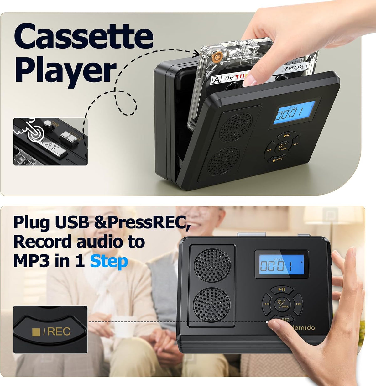 Hernido Cassette Player/MP3 Portable Tape Player, FM Radio/USB Digital Converter, Built-in Dual Stereo Speaker