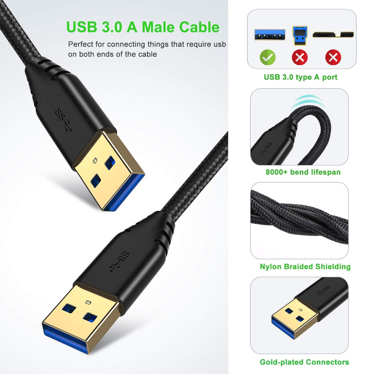 4-Pack 6ft 3.0 USB A to A Cable USB Male to Male Cable Braided Double End USB Cord Compatible for Hard Drive