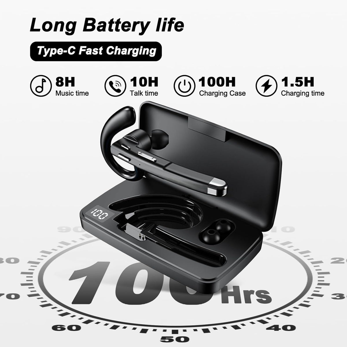 Bluetooth Headset, Wireless Earpiece with 500mAh Charging Case, 100Hrs Talking Time Built-in Dual Microphone 270° Rotatable Hand-Free Noise Canceling Headphones for Office/Trucker/Business