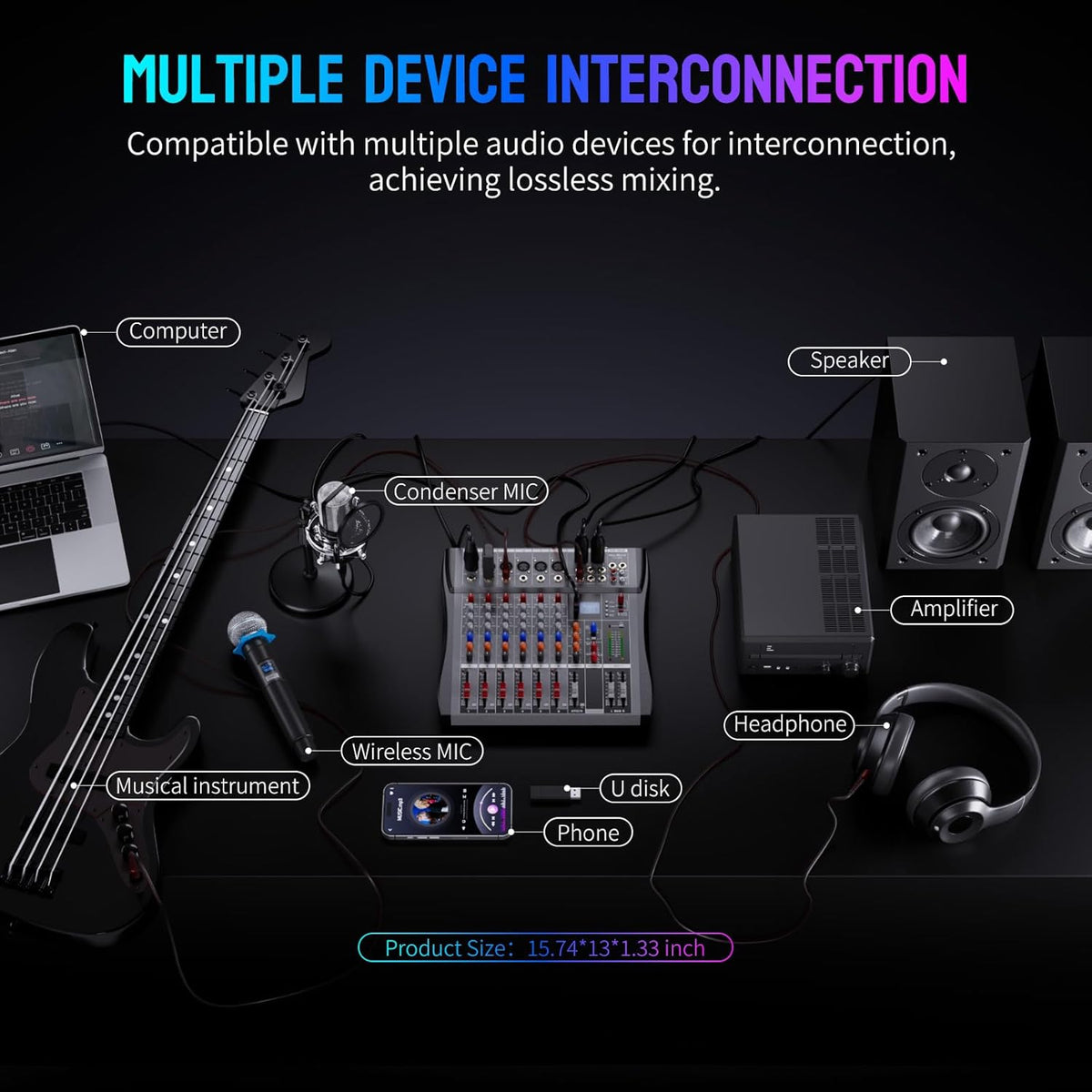 Professional DJ Audio Mixer - NEW BAXS 6 Channel DJ Bluetooth Controller Sound Mixer,USB Interface,6 XLR Mic/Line Input,AUX,FX Processor MP3 Player,+48V Phantom For Karaoke Studio Streaming Recording