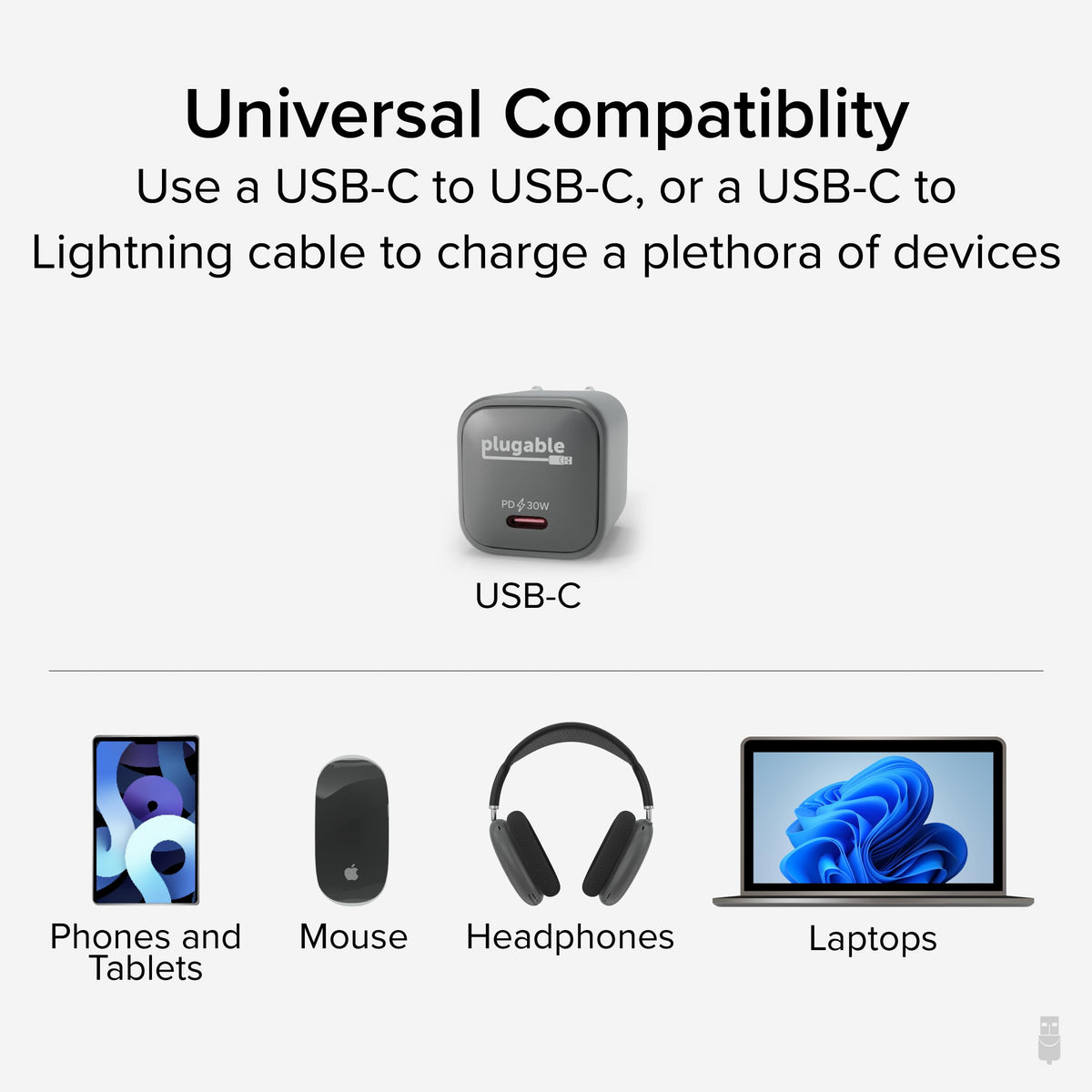 Plugable 30W USB-C GaN Charger - MagSafe-Compatible, Fast Charging for iPhone, iPad, Galaxy & USB-C Devices - IT Deployment, Business Travel & Remote