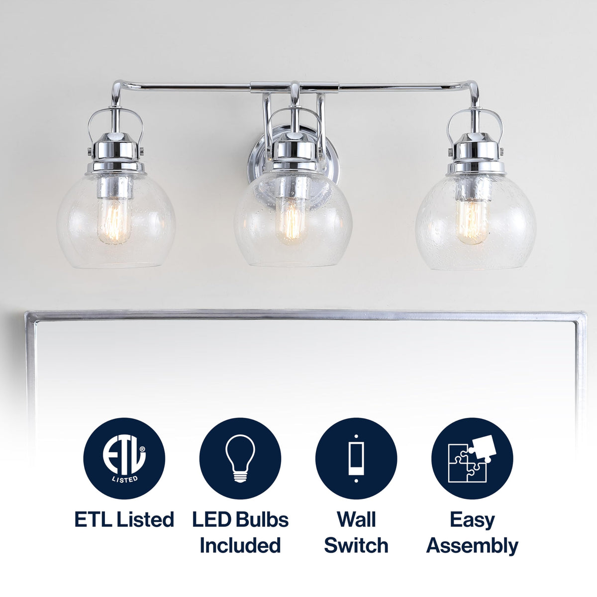JONATHAN Y 24" Chrome Shirley 3-Light Bathroom Vanity Light, Metal Wall Sconce, Clear Seeded Glass Shade, Modern Transitional Farmhouse Fixture, LED