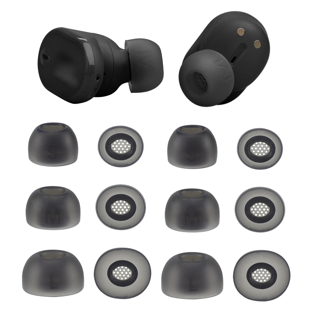 XMTYAN Replacement Ear Tips Compatible with JBL Tune Buds 2, Soft Silicone Eartips with Portable Storage Box (6, Black, S/M/L)