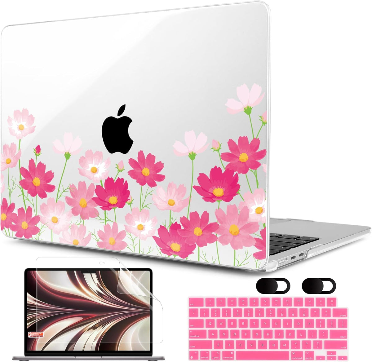 MEEgoodo Case for MacBook Air M4/M3/M2 13.6 inch 2025 2024 2022, Fit Model A3240 A3113 A2681, Compatible with MacBook Air 13 inch, Laptop Hard Shell Case with Keyboard Cover, Bright Pink Flowers