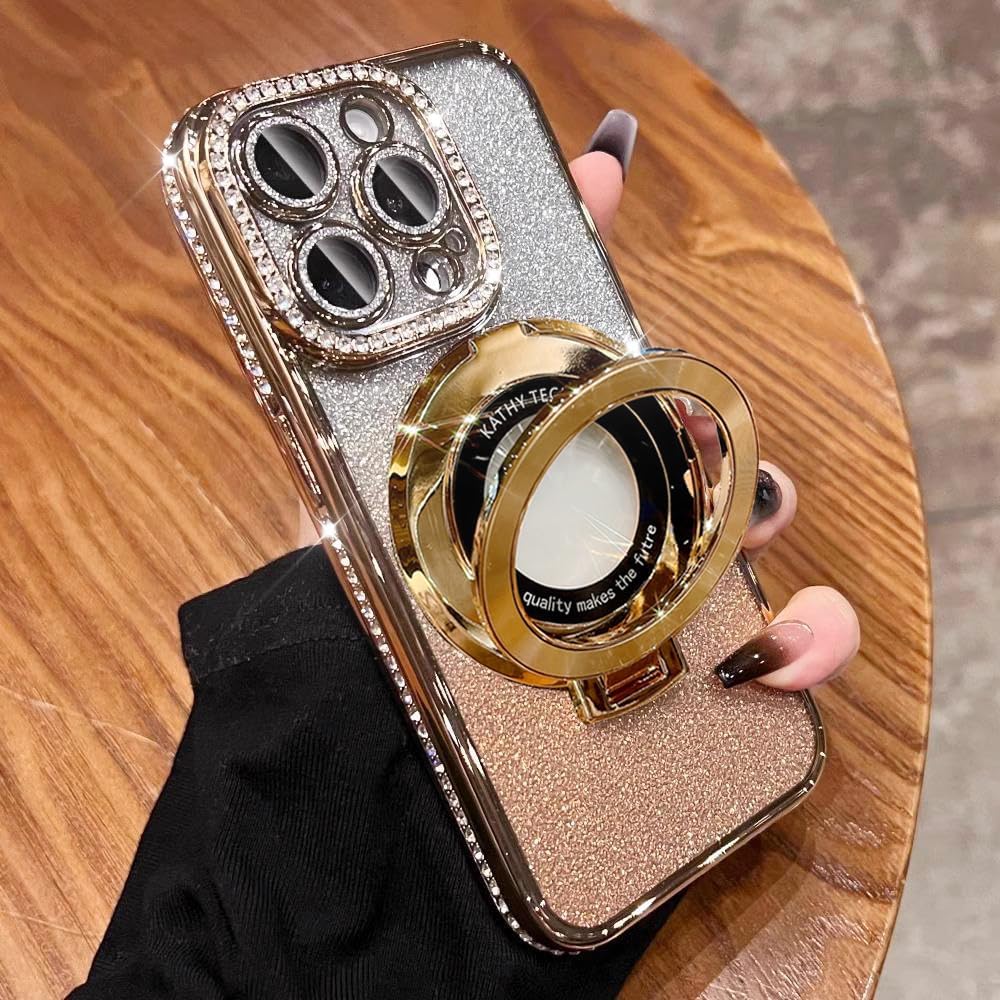 Magnetic Kickstand (Glitter Lens Protector ) Case for iPhone 15 14 13 12 Pro Max (Compatible with Magsafe ) Sparkling Diamond Cover Glitter Shiny Rhinestone Cases (Gold,for iPhone 14)