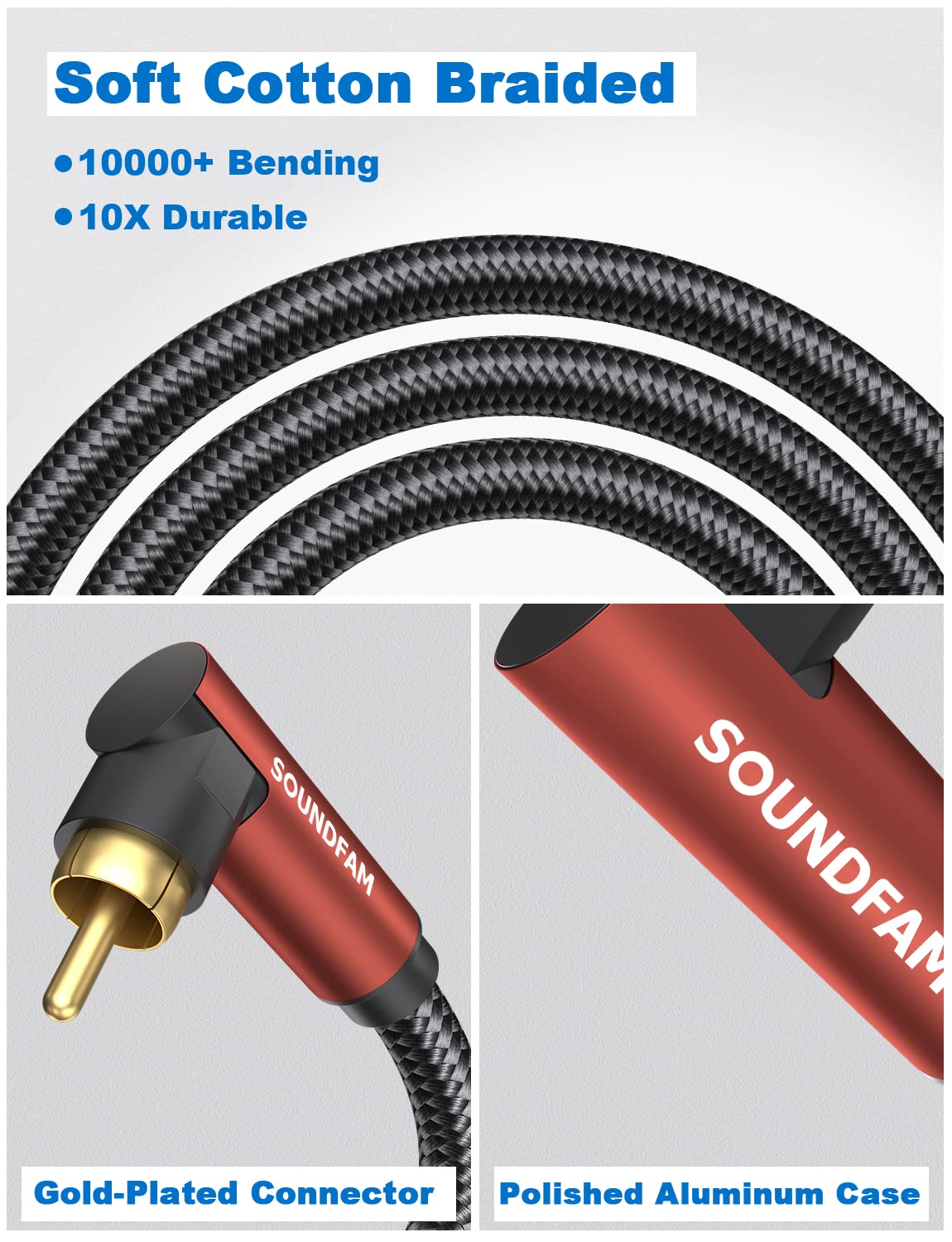 Dual 90 Degree RCA Cable - 30Feet/10M Right Angle Subwoofer Cable, 24K Gold Plated Dual Shielded