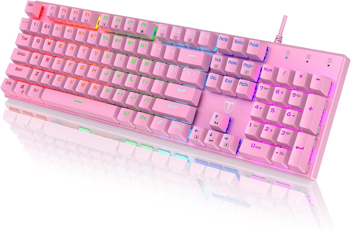 RisoPhy Mechanical Gaming Keyboard, RGB 104-Key Ultra-Slim Backlit USB Wired Keyboard with Blue Switch, Durable ABS Keycap/Anti-Ghosting/Spill-Resistant for PC, Mac, Xbox Gaming, Pink