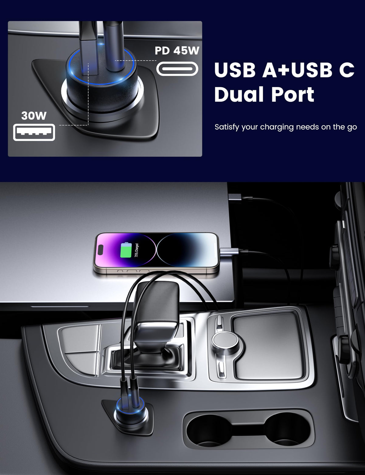 MOSWAG 75W USB C Car Charger USB C Fast Charge, 45W PD&QC 3.0 Mini Cigarette Lighter Adapter for iPhone 17 16 15 Pro Max, Dual 12V Type C Adapter