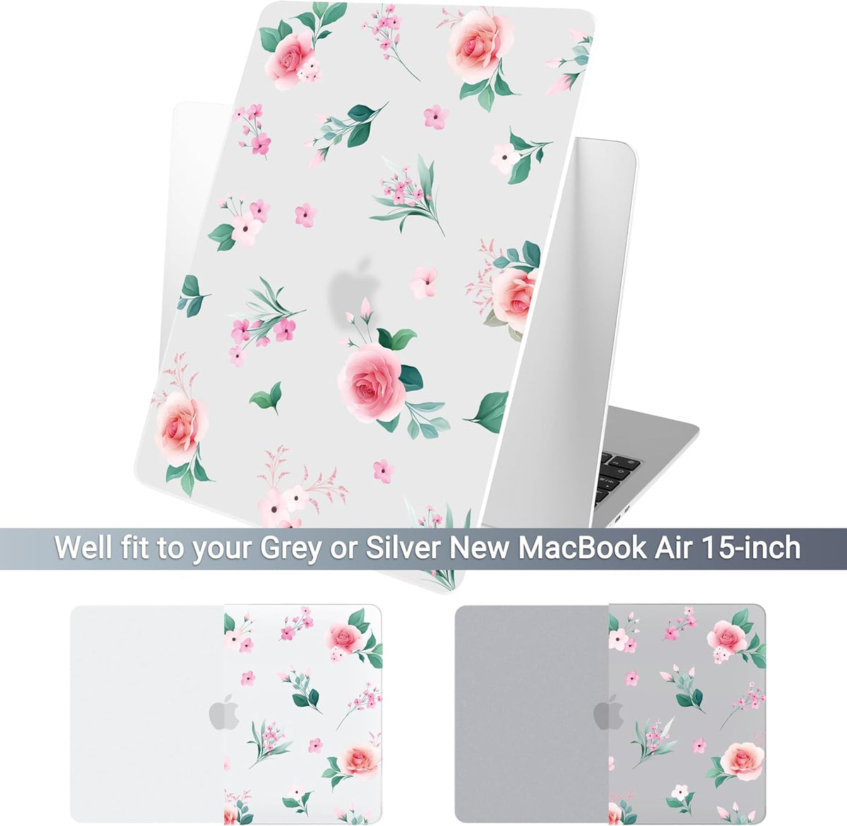 Batianda Premium Case for New MacBook Air 15 inch 2025 M4 2024 2023 with M3 M2 Chip, Floral Designed Protective Plastic Hardshell & Keyboard Cover & Screen Protector, Spring Flowers, Peach Rose