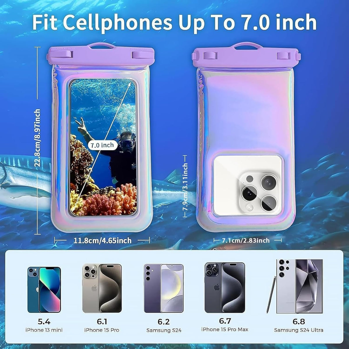 Floatable Waterproof Phone Pouch Case 2 Pax for iPhone 16 Pro Max/15/14/13/12, IP68 Travel Cellphone Dry Bag Beach Cruise Ship Essentials Bags with Crossbody Lanyard, Iridescent Purple and Blue-7″
