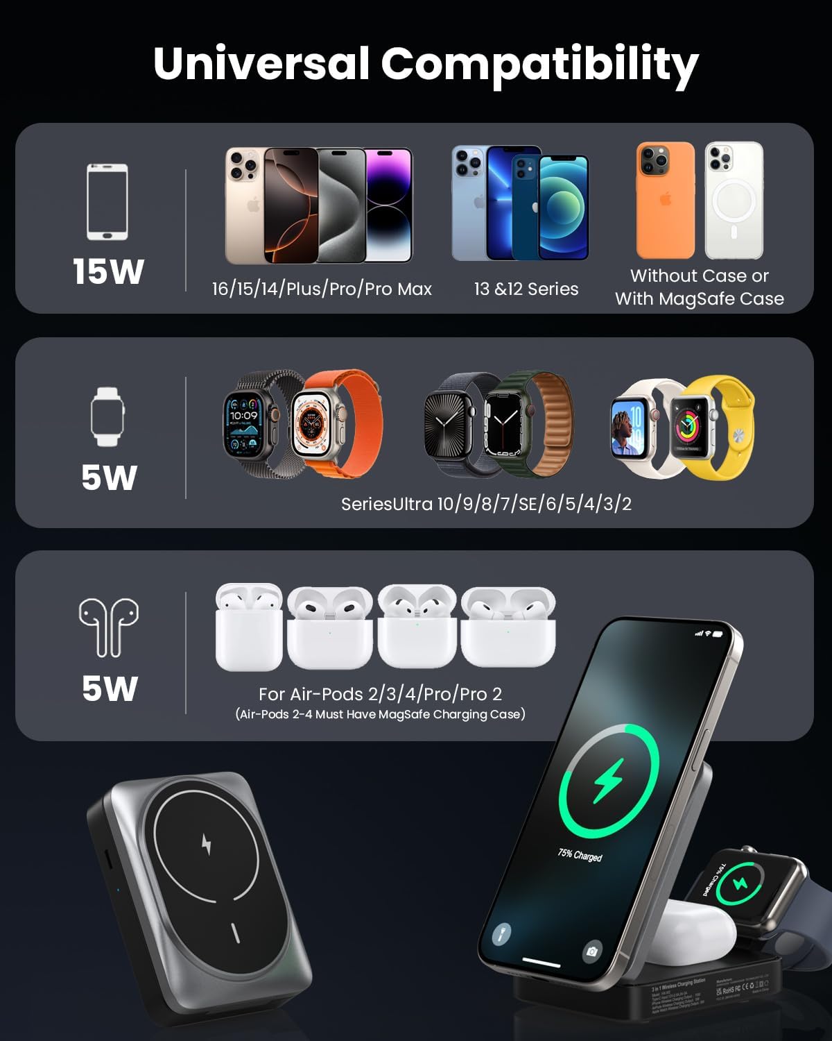 3-in-1 Wireless Charger Charging Station for iPhone, Qi2 Certified 15W Fast Charging Foldable Magnetic Charger Stand with 30W USB C Adapter for MagSafe iPhone 16/15/14/13/12, Apple Watch, AirPods