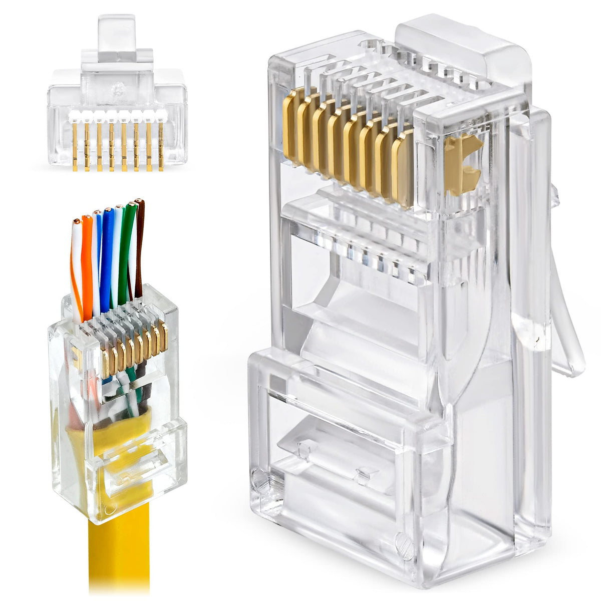 Gtz Rj45 Cat6 Pass Through Connectors Pack Of 100 | Clear Ethernet Plugs For Unshielded Twisted Pair Solid Wire & Standard Cable