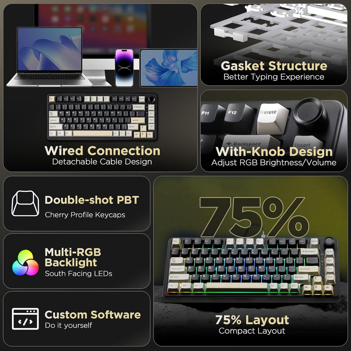 YUNZII B75 Mechanical Keyboard,75% Layout with Knob,Hot Swappable RGB Backlit Gasket Mounted, Creamy Typing, Double-Shot PBT Keycaps,Cherry Profile,for Win/Mac (Black, Blue Grey Tactile Switch)