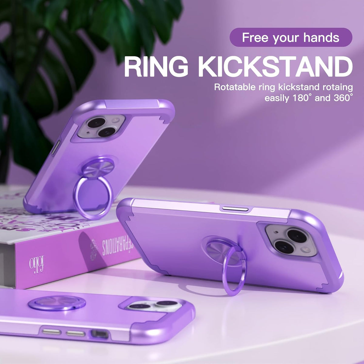 IDweel iPhone 13 Case: Purple 2-in-1 Shockproof Cover with Screen Protector, 360° Ring Holder, & Camera Lens Protector.